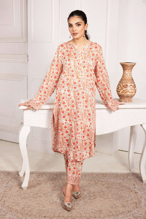 Orange print tunic and pants set, long sleeves, round neckline, slim trousers