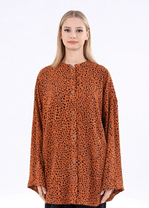 Rust printed long-sleeve western top with high buttoned neckline and loose fit