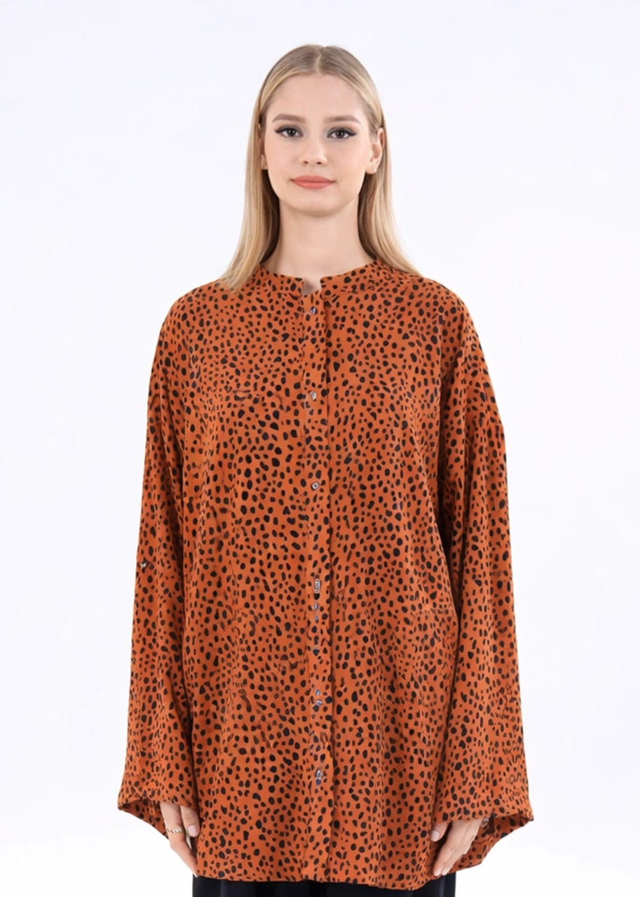 Rust printed long-sleeve western top with high buttoned neckline and loose fit