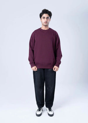 Men's burgundy crewneck terry sweatshirt with long sleeves, ribbed cuffs and hem