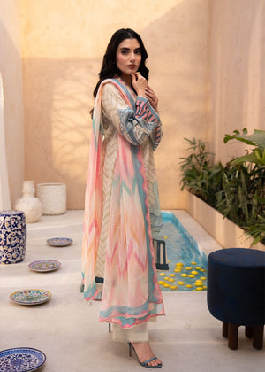 Women's pastel 3-piece suit set: long kurta, pants, striped dupatta