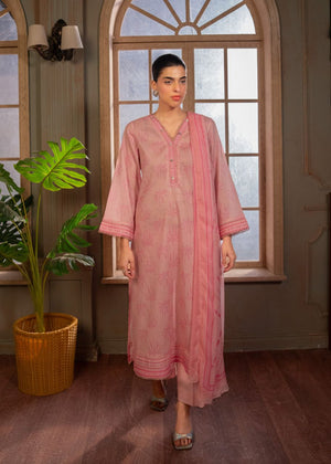 Women's pink long kurta with V-neck, embroidered trim, three-quarter sleeves