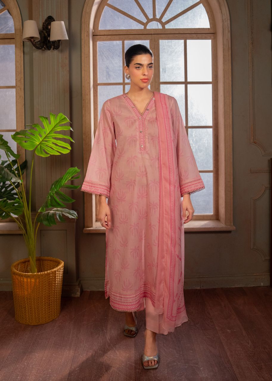 Women's pink long kurta with V-neck, embroidered trim, three-quarter sleeves