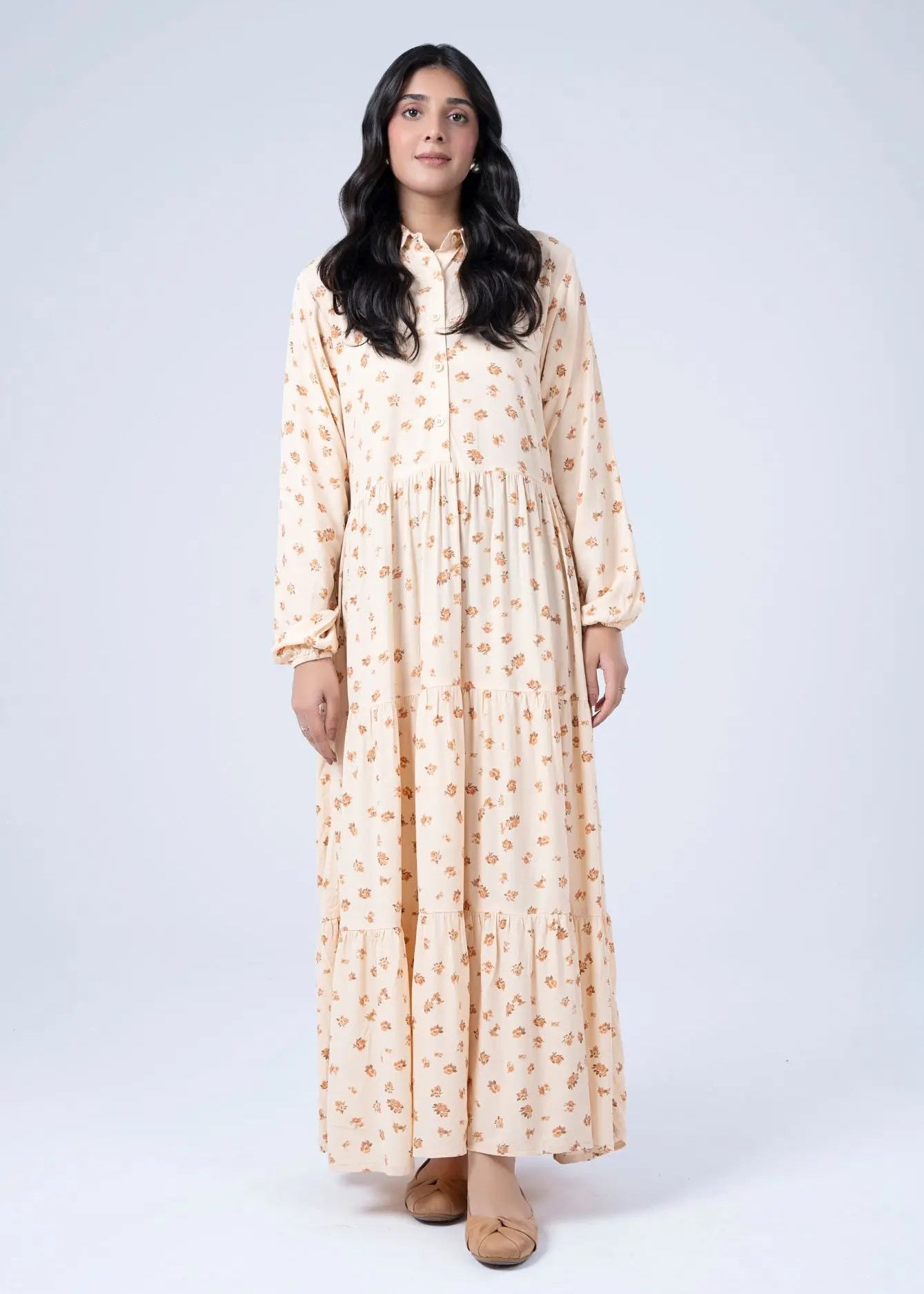 Women's printed long dress in light beige with button front and long sleeves
