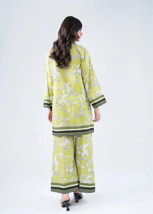 Women’s winter co-ord set in lime green, printed kurta and wide-leg pants, back view