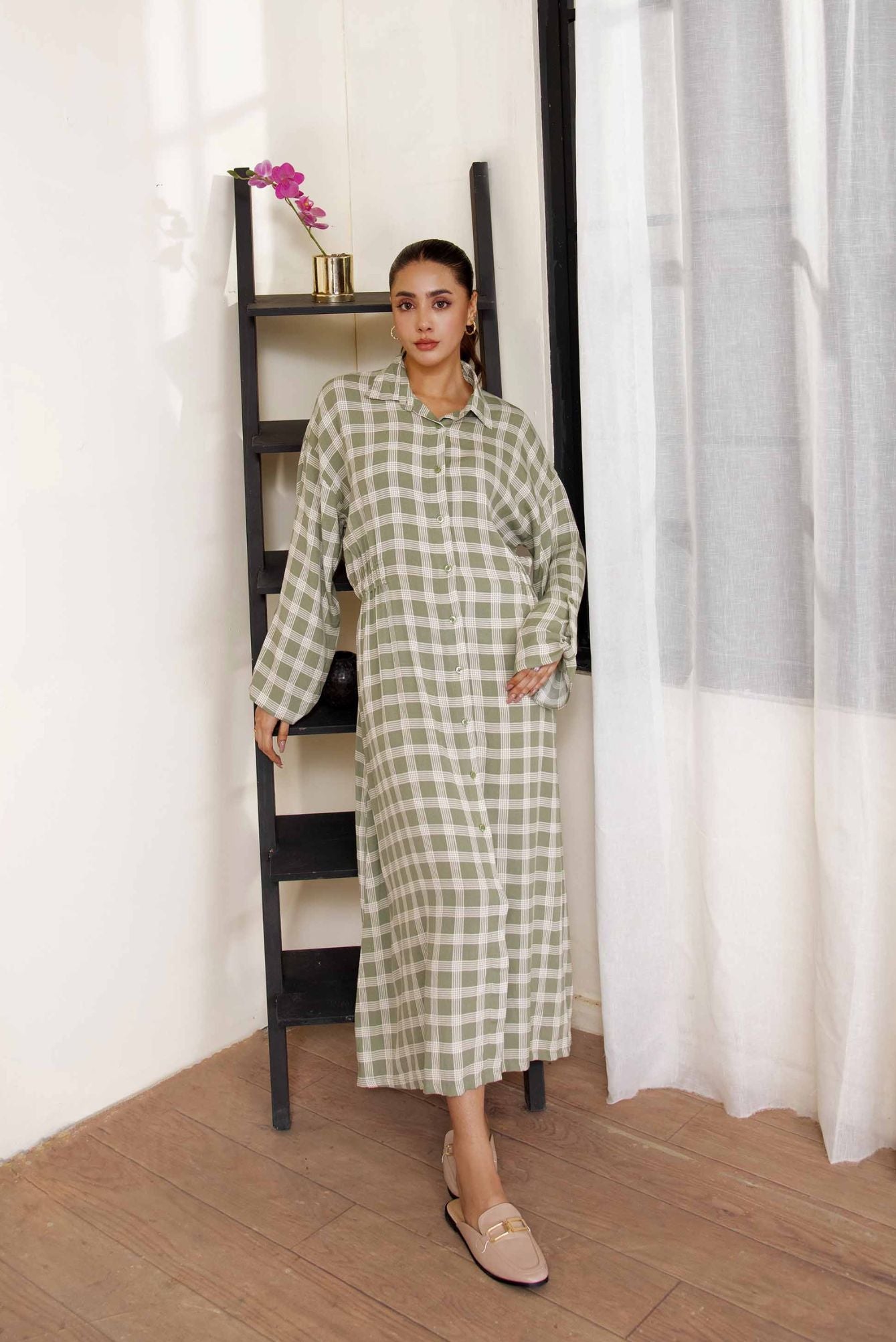 Picture of LDS-6858 LONG DRESS GREEN & WHITE CHECK - Chenone Official - Online Shopping