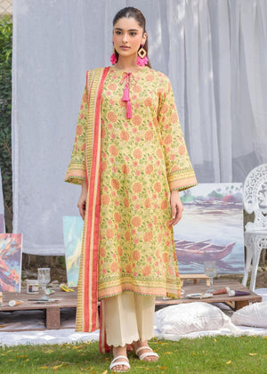 Yellow floral cotton lawn kurta with bow-tie neckline and cuff trim; paired with white pants