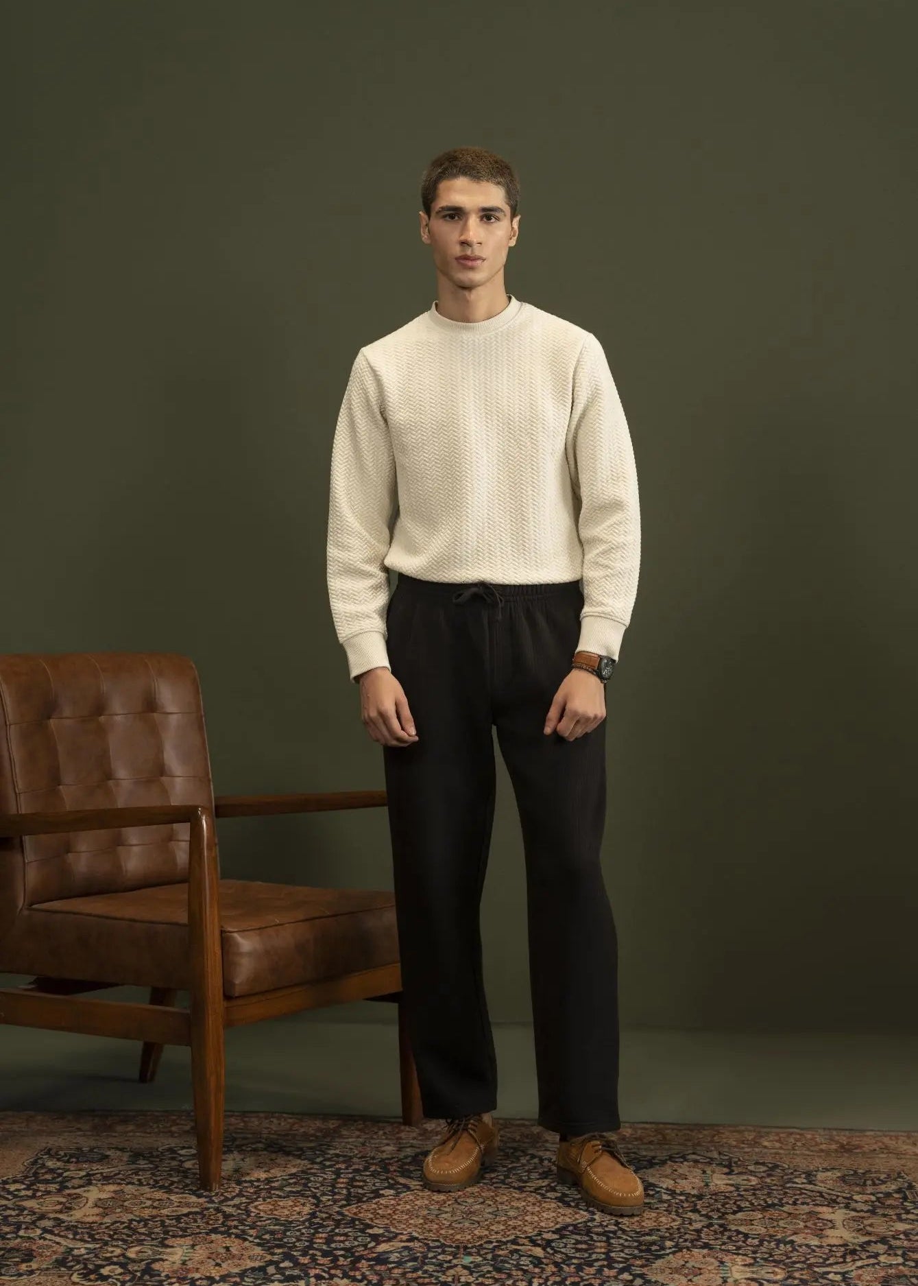 Men's black pull-on winter trousers, elastic waist, relaxed straight legs