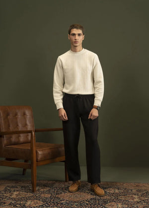 Men's black pull-on winter trousers, elastic waist, relaxed straight legs