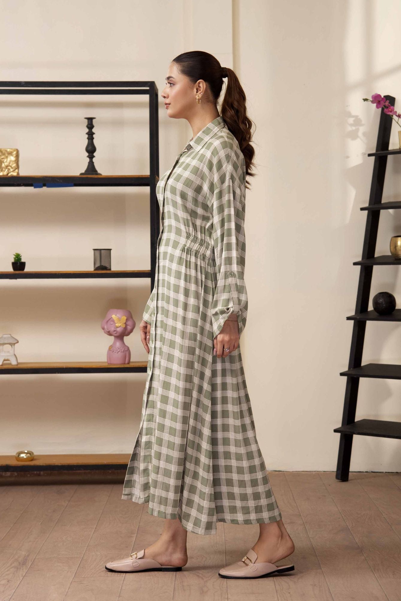 Picture of LDS-6858 LONG DRESS GREEN & WHITE CHECK - Chenone Official - Online Shopping