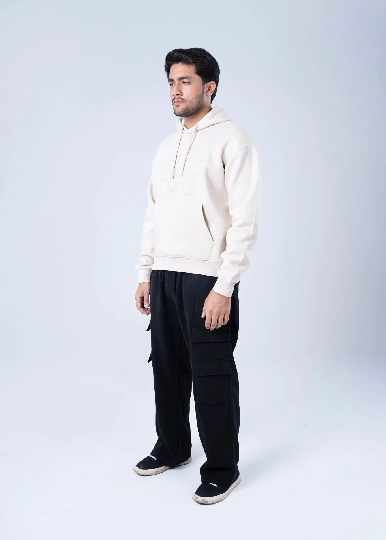 Stone fleece pullover hoodie with drawstring hood and long sleeves
