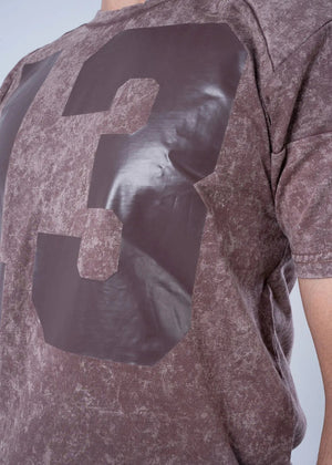 Men's cotton jersey t-shirt close-up: brown back graphic print, short sleeves, crew neck.