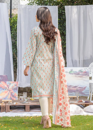 Women's blue printed 2-piece summer suit: long kurta with scarf and cream pants
