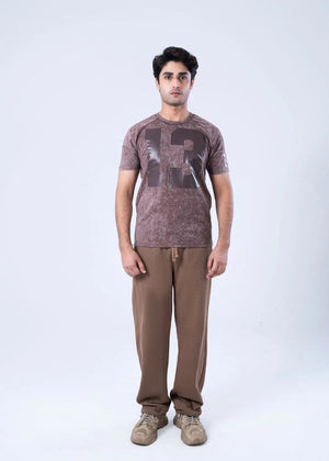 Men's cotton jersey t-shirt in brown with front graphic print, crew neck, short sleeves.