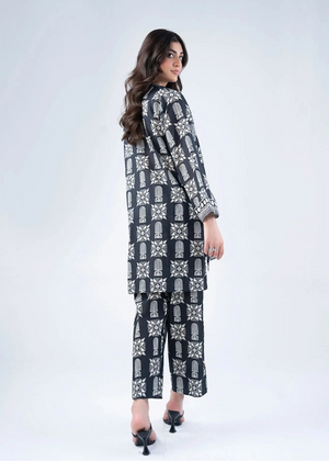 Women’s winter printed co-ord set: long tunic and wide-leg pants, black with white geometric print
