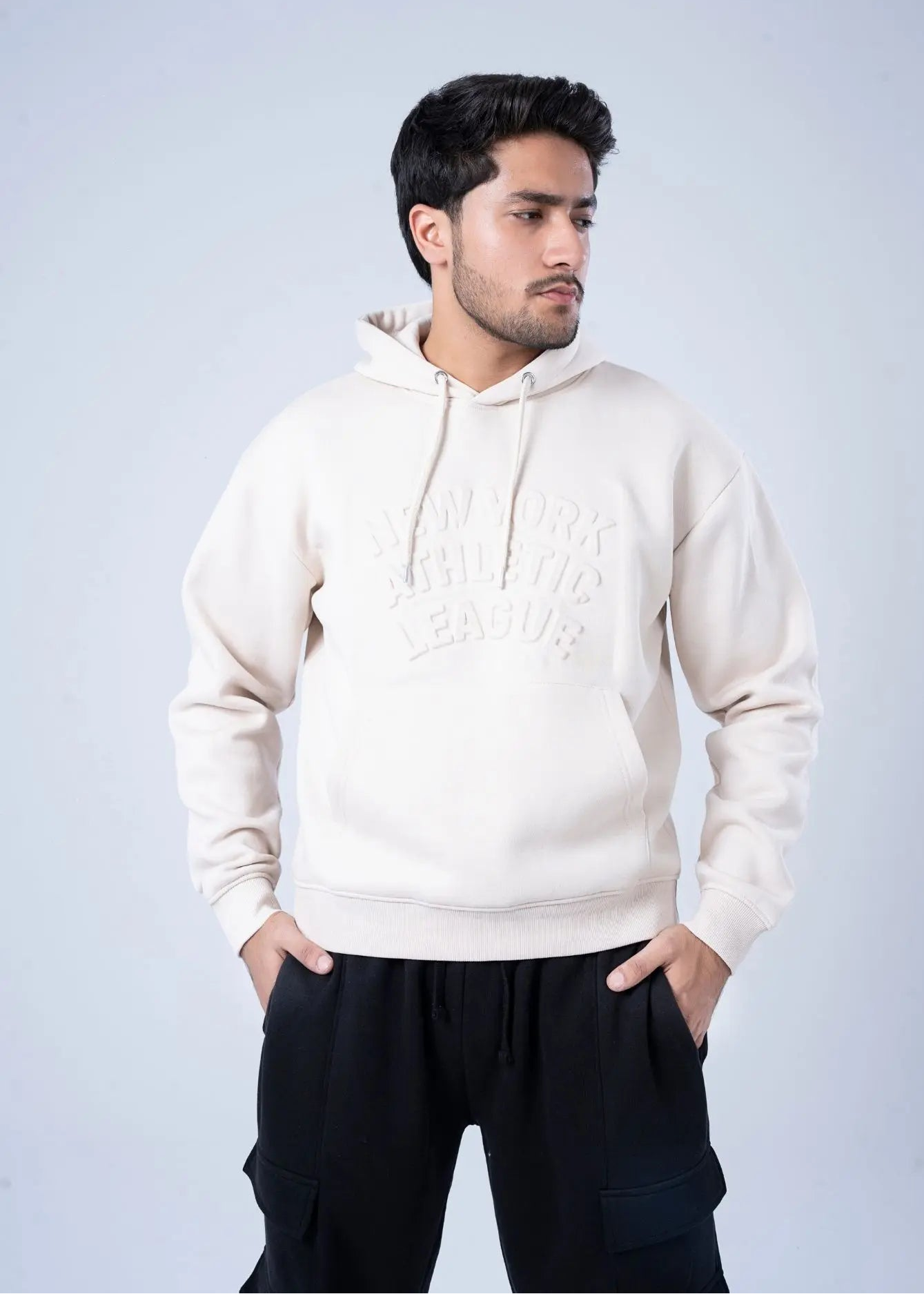 Stone fleece pullover hoodie with drawstring hood and front kangaroo pocket