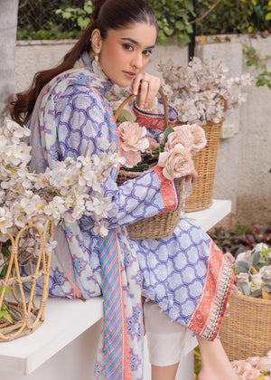 Lilac patterned long kurta suit with embroidered cuffs, paired with white pants