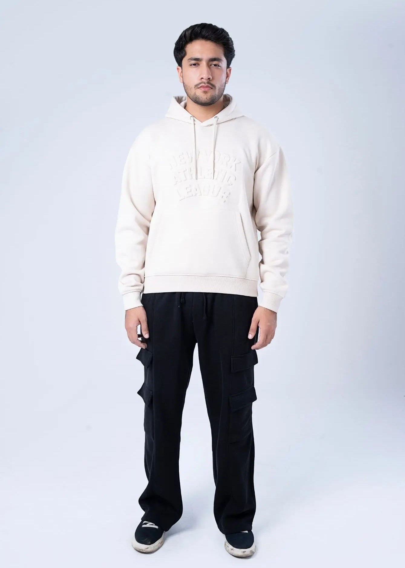 Stone fleece hoodie front view with drawstring hood and kangaroo pocket