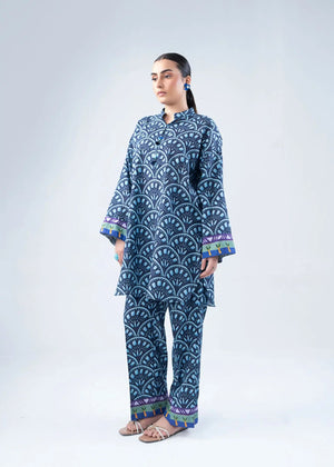Women's printed co-ord set: navy long kurta top and matching straight pants