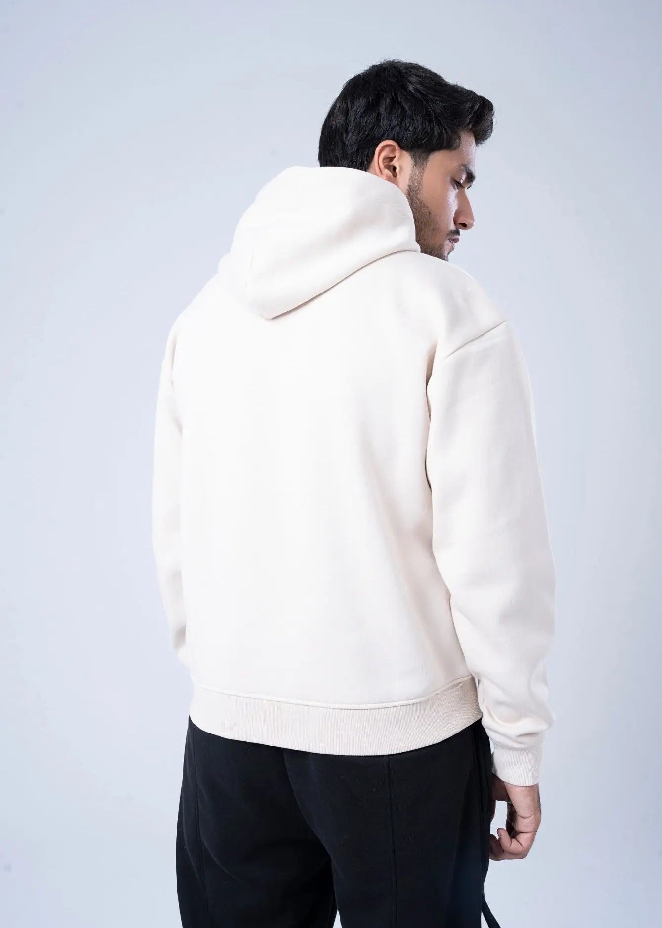 Stone fleece hoodie back view with drawstring hood and kangaroo pocket
