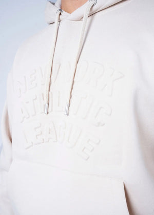 Stone fleece hoodie close-up of drawstring hood and embossed logo text