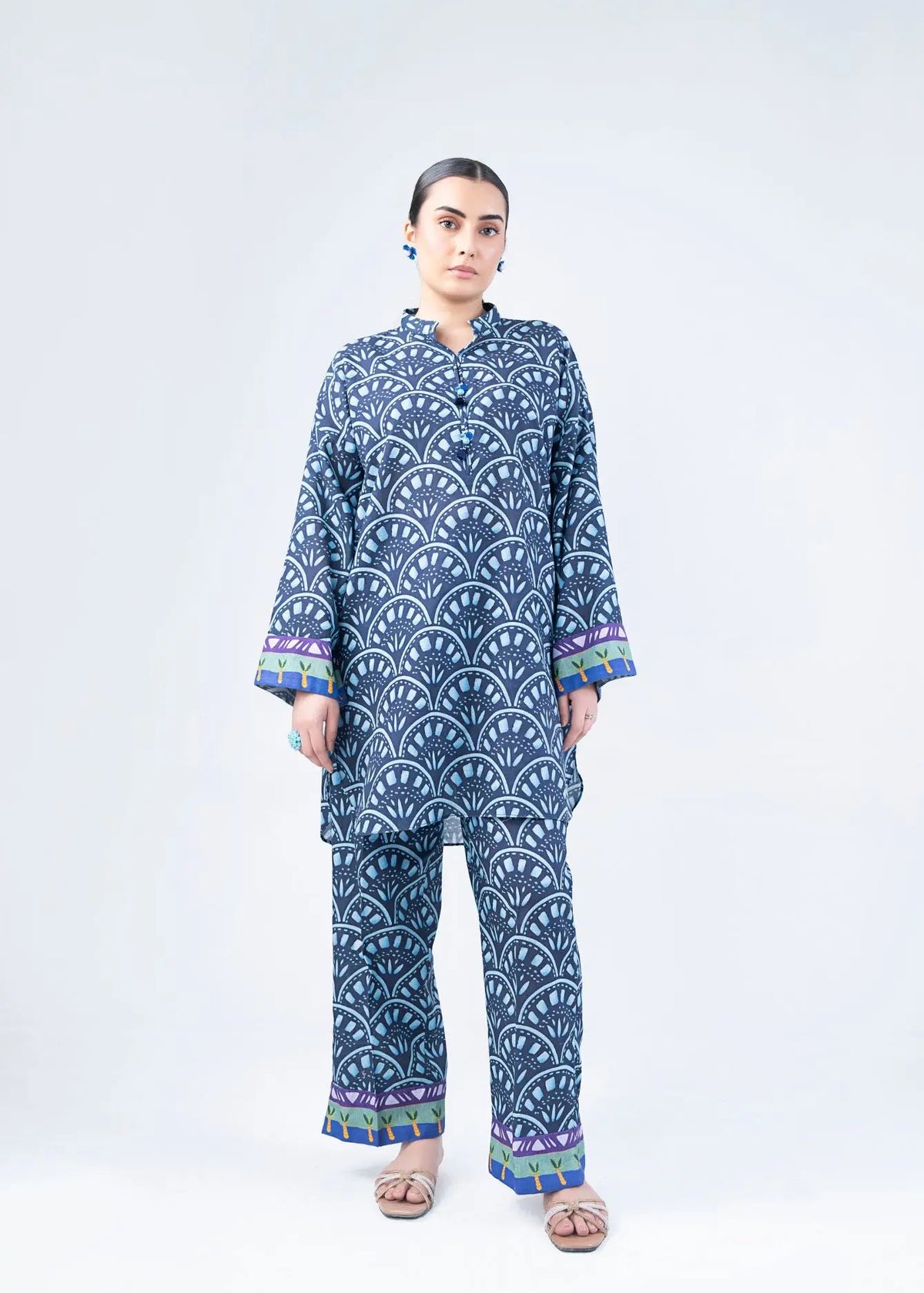 Women's printed co-ord set: navy long kurta with placket and straight pants