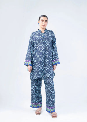 Women's printed co-ord set: navy long kurta with placket and straight pants