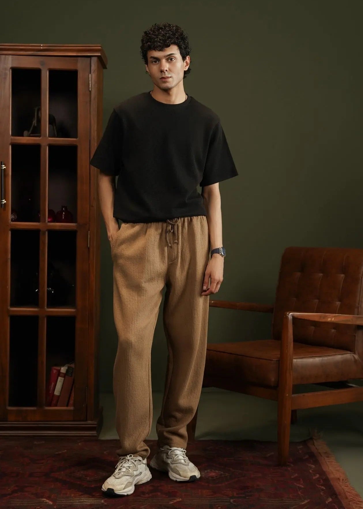 Men's winter pull-on trousers in sand with drawstring waist and relaxed straight leg