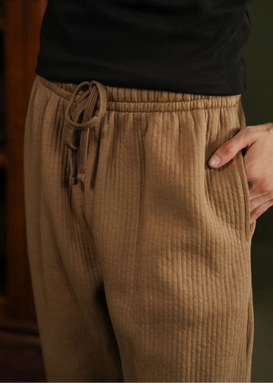 Sand waffle-knit pull-on trousers with elastic waistband and drawstring tie