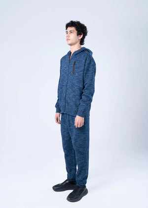 Men's navy melange fleece pull-on trousers with elastic waist, side view