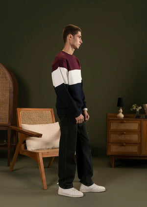 Men's striped fleece sweatshirt with maroon, white, and dark navy blocks, crew neck.