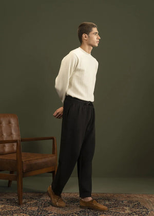 Men's winter sweatshirt in stone, textured jacquard knit, crewneck, long sleeves