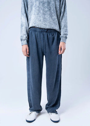 Men's navy terry pull-on trousers, elastic waist, straight wide-leg fit
