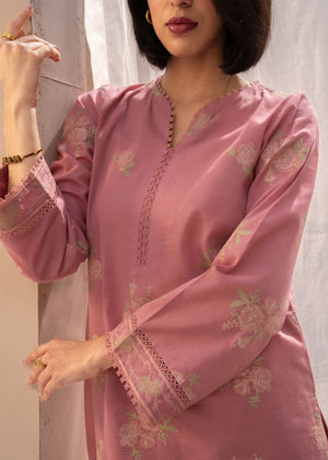 Pink floral kurta with puff long sleeves, embroidered neckline