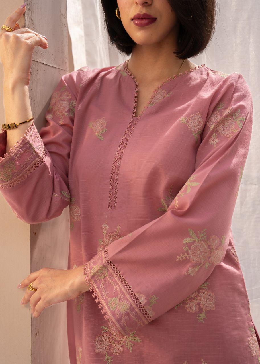 Pink floral kurta with puff long sleeves, embroidered neckline