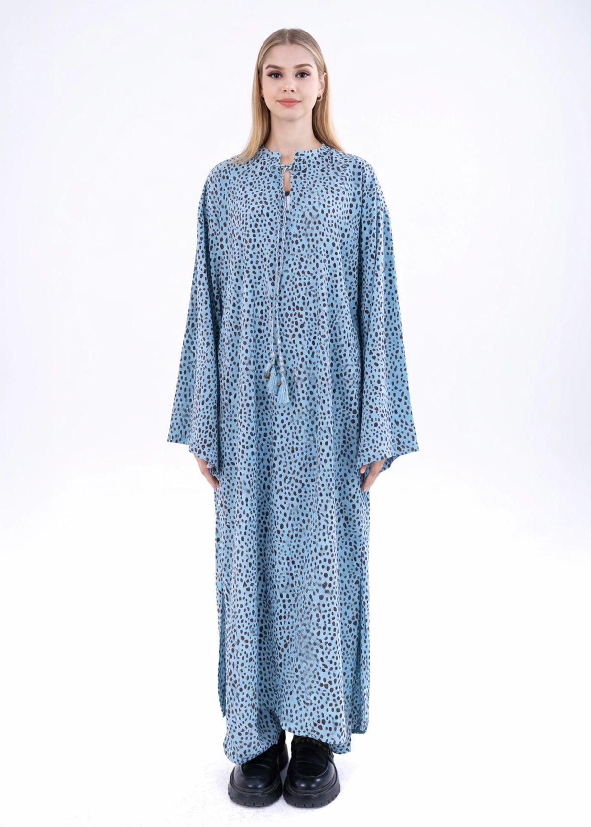 Women's aqua printed long kurta with three-quarter sleeves, matching co-ord set
