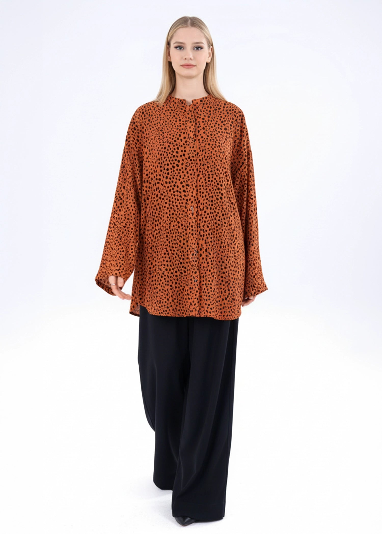 Rust printed long-sleeve western top with high neckline and flared sleeves