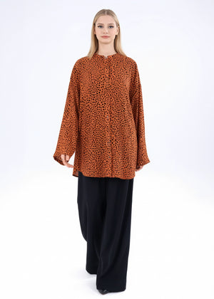 Rust printed long-sleeve western top with high neckline and flared sleeves
