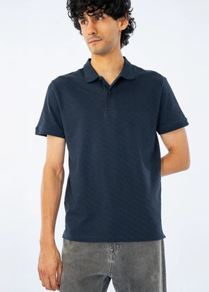 Men's dark polo shirt with open collar and button placket, short sleeves