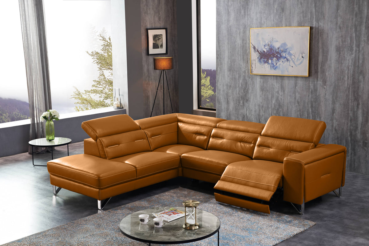 Orange leather modular sectional sofa with chaise corner and ottoman-style seat cushions