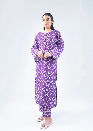 Women’s purple printed winter kurta set with lace-trim cuffs and matching pants