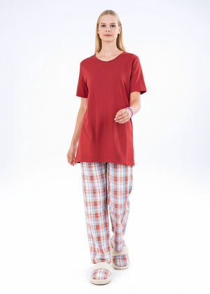 Women's winter night suit with maroon short-sleeve top and red plaid pajama pants