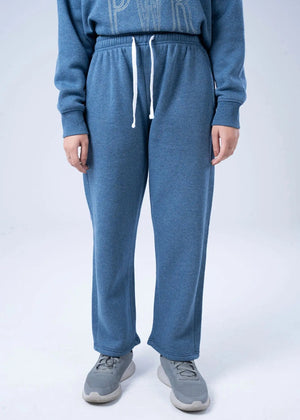 Blue fleece sweatpants with elastic waistband and white drawstring, straight leg