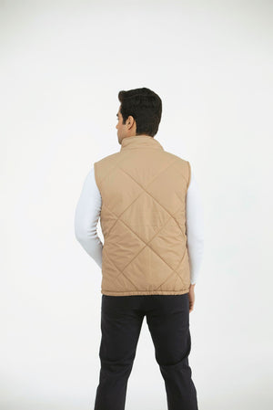 Men's camel quilted puffer vest, back view with high collar and full-zip