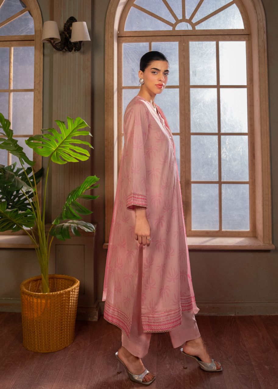 Women's pink long kurta with V-neck and red border hem, three-quarter sleeves