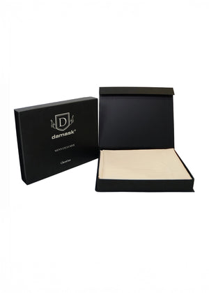 Fawn dobby fabric shown in open black and cream presentation box