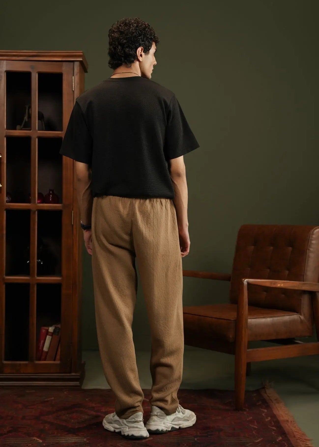 Men's winter pull-on trousers in sand, waffle knit, elastic waist and drawstring
