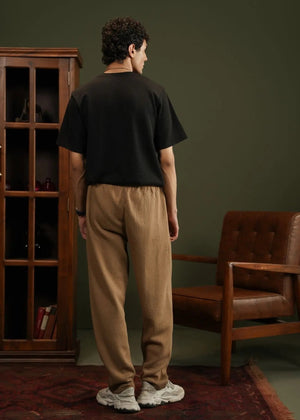 Men's winter pull-on trousers in sand, waffle knit, elastic waist and drawstring