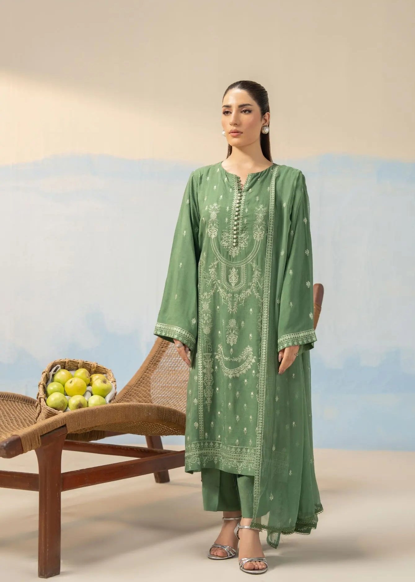 Green embroidered 3-piece winter suit with long tunic, pants, and dupatta