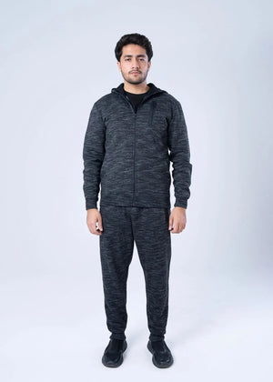 Men’s fleece hoodie with hood, dark heather knit, full-zip front and cuffs